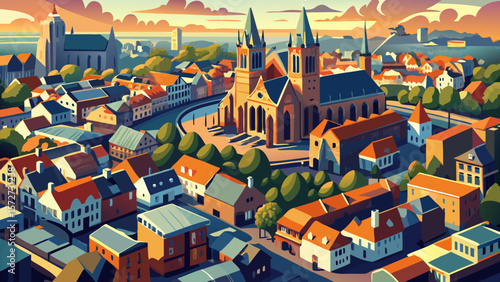 City center aerial of Dutch town Utrecht showing the historic buildings surrounding De Dom cathedral church tower and ambulatory in The Netherlands