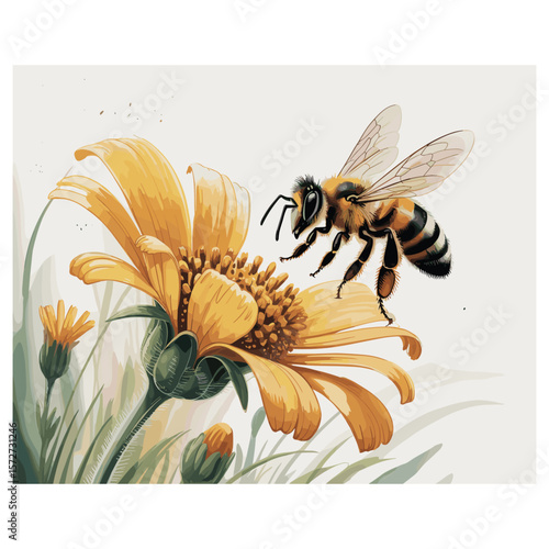 Detailed watercolor illustration of a bee collecting nectar from a yellow flower