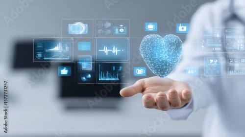Digital Holographic Heart Doctor Presenting Futuristic Medical Data Interface