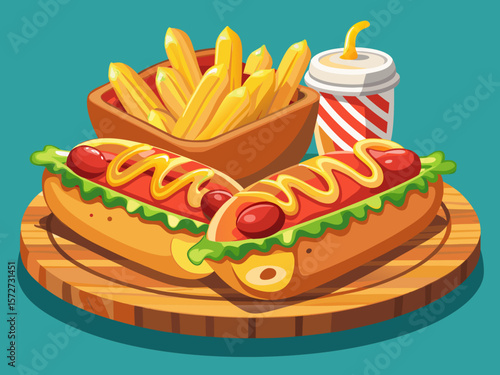vector of Two delicious hot dogs in a wooden dish and potato wedges with delicious and crispy mustard ketchup sauce.