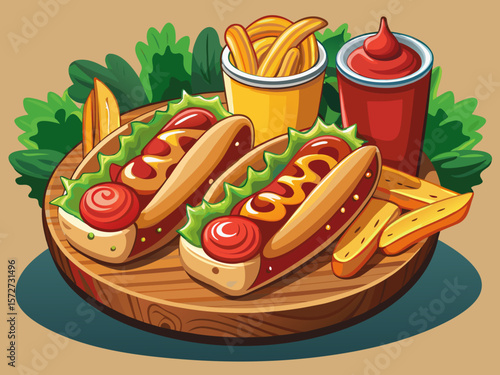 vector of Two delicious hot dogs in a wooden dish and potato wedges with delicious and crispy mustard ketchup sauce.