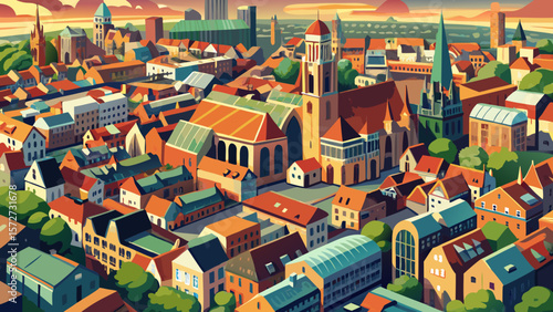 City center aerial of Dutch town Utrecht showing the historic buildings surrounding De Dom cathedral church tower and ambulatory in The Netherlands