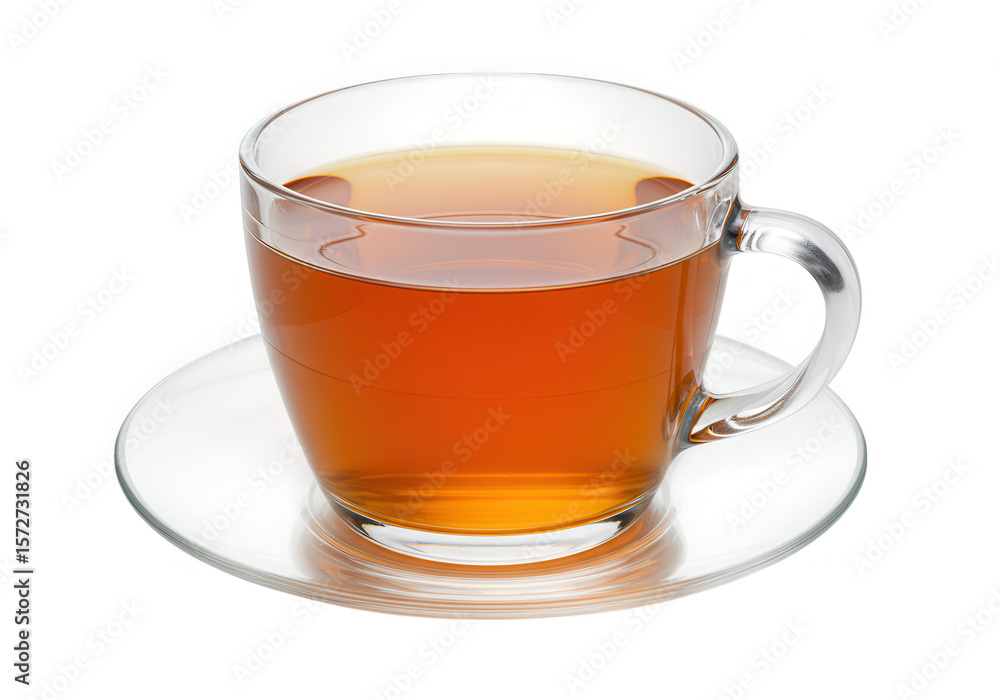 A cup of hot tea is sitting on a saucer against a transparent background A cup of hot tea is sitting on a saucer against a transparent background
