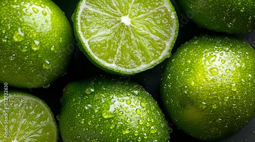 Fresh green limes with water drops on dark background, close up view of citrus fruits. Juicy whole and cut lime showing fresh pulp texture. © Yuliia