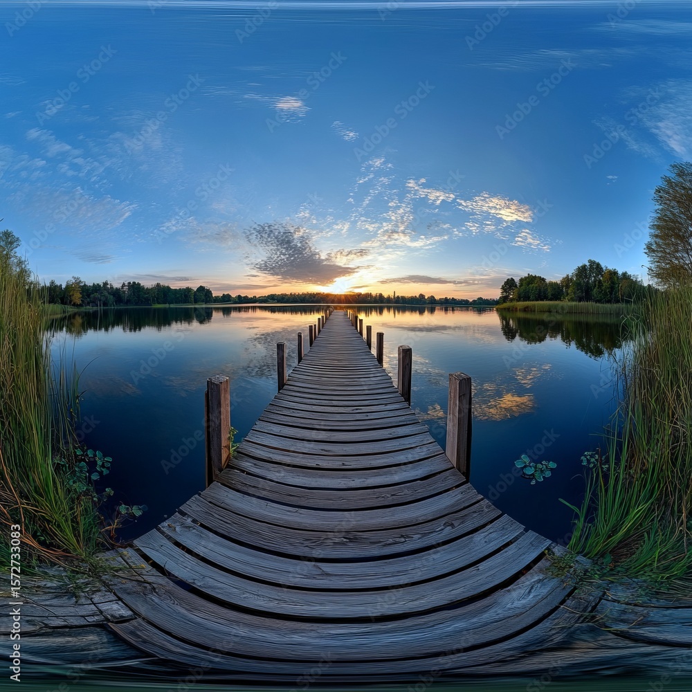 Fototapeta premium A wooden dock extends serenely across the placid lake, offering an awe-inspiring perspective of the radiant sky, clouds, and tranquil water, evoking a sense of peace and a connection to nature.