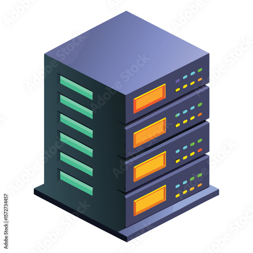 A server rack with glowing indicators, isolated on white, for data, technology, network, or IT infrastructure.