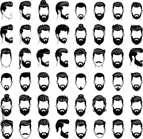 Men's Hair and Beard Styles Vector Collection – Trendy Male Hairstyles and Facial Hair Silhouettes