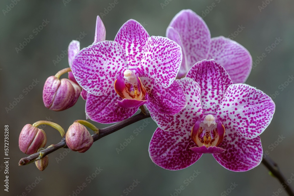 Obraz premium Beautiful pink and white orchids blooming on a branch in a garden during daylight