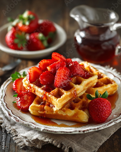 plate of Belgian waffles with strawberries and syrup, delicious brunch