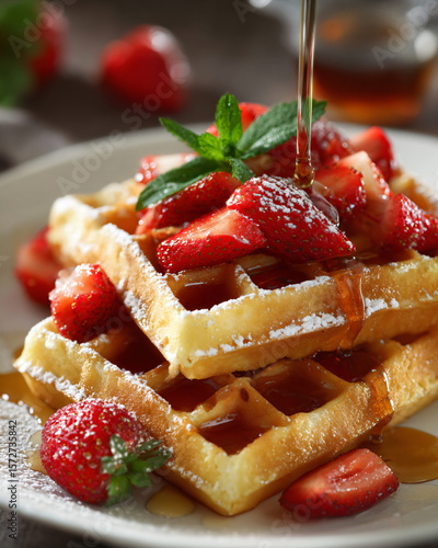 plate of Belgian waffles with strawberries and syrup, delicious brunch