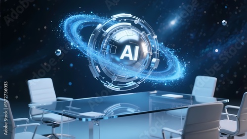  3D - rendered AI symbol in a futuristic conference room, showcasing artificial intelligence concepts.
