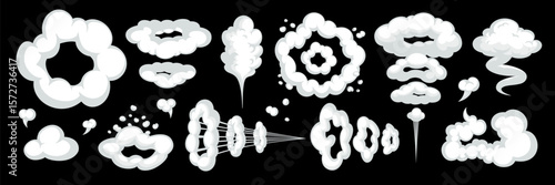 Cartoon cloud with trail, comic motion and explosion effect on black background. Vector Smoke and cloud vector illustration. Great for games, effects, comics