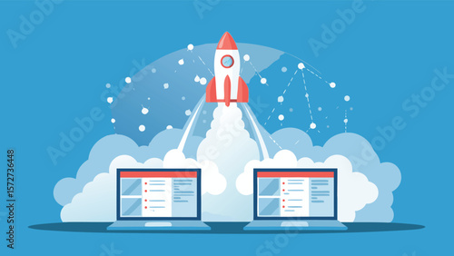 Rocket launching from two laptops with cloud and network connections in a blue background scene