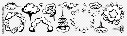 Cartoon comic smoke and cloud explosion set isolated on transparent background. Vector puff, trail, and boom effects in black outline. Ideal for stickers, comics, games, and animated scenes