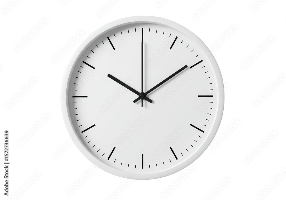 A simple white wall clock shows the time on a transparent background A simple white wall clock shows the time on a transparent background