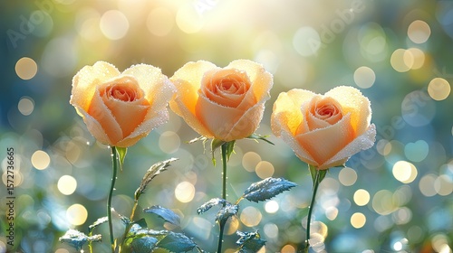 Delicate peach roses in a sunlit garden