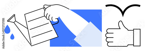 Hand pouring water from a can, delivering nurture and care thumbs up for approval, progress, and positivity. Ideal for growth, teamwork, support, productivity, motivation sustainability