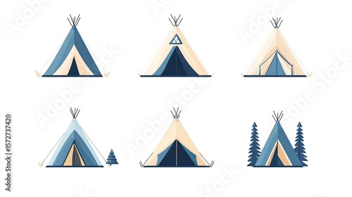 Six stylized teepees in varying blue and beige tones on a white background