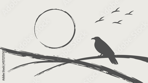Vector Minimalist design showcases bird perched branch, with large circle and flying birds background