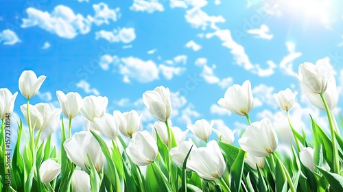 Blooming white tulips against a bright sky