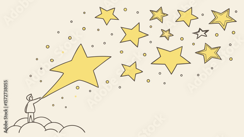 Vector Person stands on cloud, gazing at bright stars in sky, expressing wonder and imagination