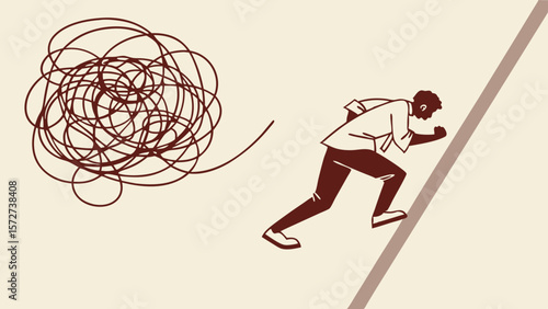 Vector Abstract illustration of man running uphill, symbolizing overcoming challenges and chaos