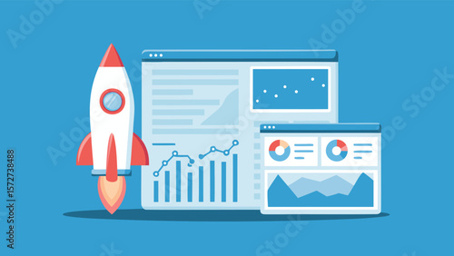 Rocket launching next to data charts and graphs representing business growth and market analysis shown