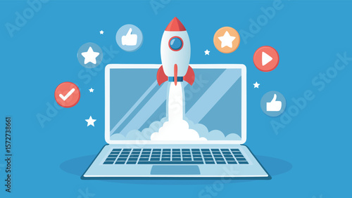 Rocket launching from laptop screen surrounded by social media icons on a blue background scene