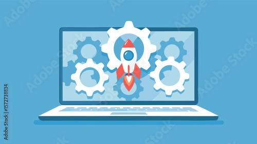 Laptop displaying gears and rocket launch representing technology startup concept idea creation and innovation