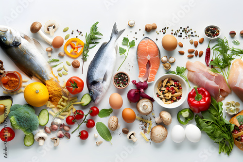 A variety of seafood ingredients on a white background	