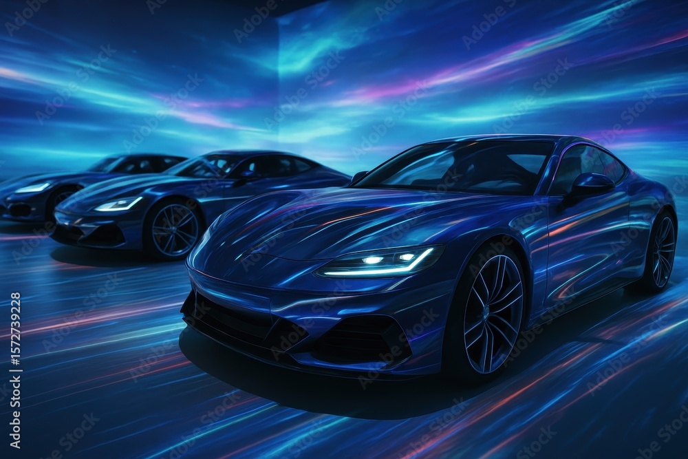 Fototapeta premium Sleek dark blue luxury sports cars in a futuristic neon lit high tech environment