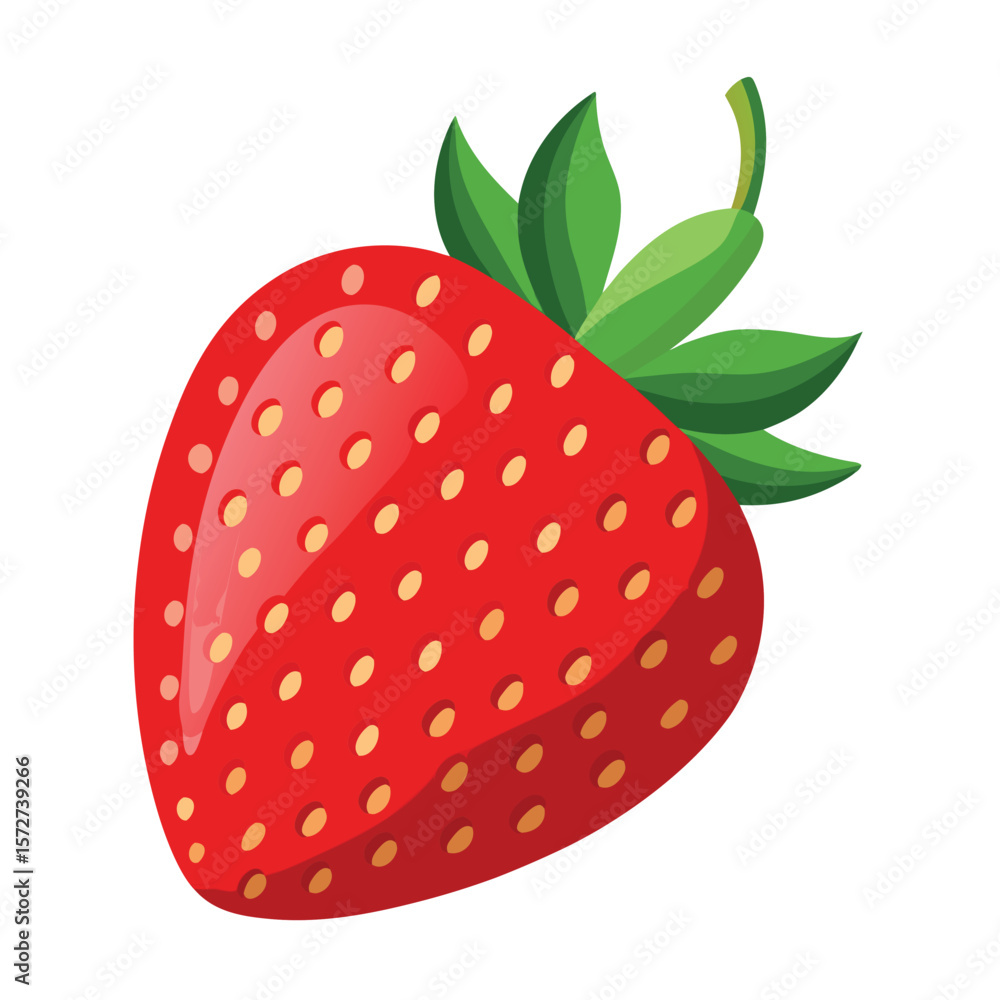 Fototapeta premium A single perfectly ripe strawberry with green leaves, isolated on white, for fruit, healthy food, summer, or fresh produce.
