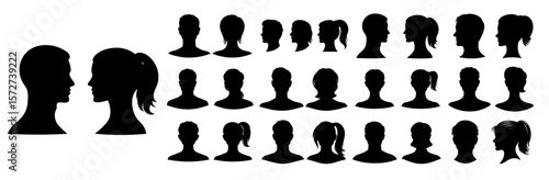 Silhouette head and avatar face icon set. Includes male and female profiles in various angles. Ideal for user icons, social media, UI design, and personal identity visuals. Vector, transparent
