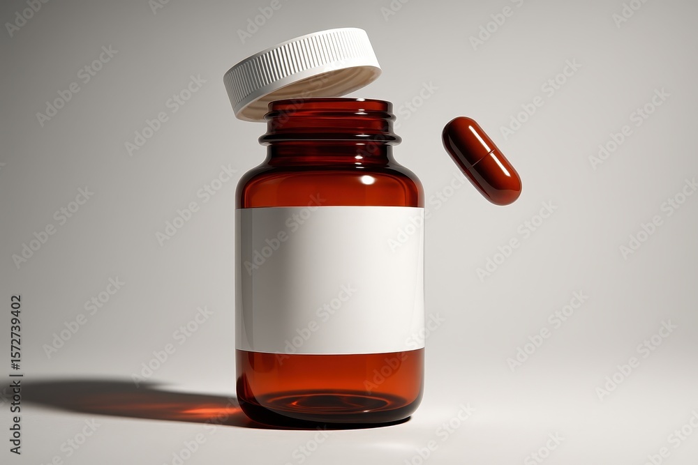 Amber medicine bottle with open cap and floating brown capsule for health and medication. Amber medicine bottle with open cap and floating brown capsule for health and medication.