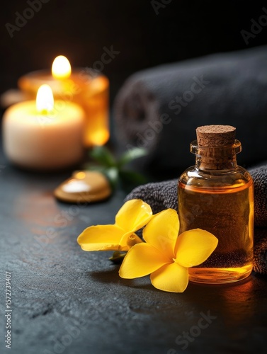 Spa aromatherapy scene with candles, towels, and essential oil