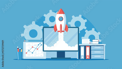 Rocket launching from computer screen with gears and office supplies in a blue background scene