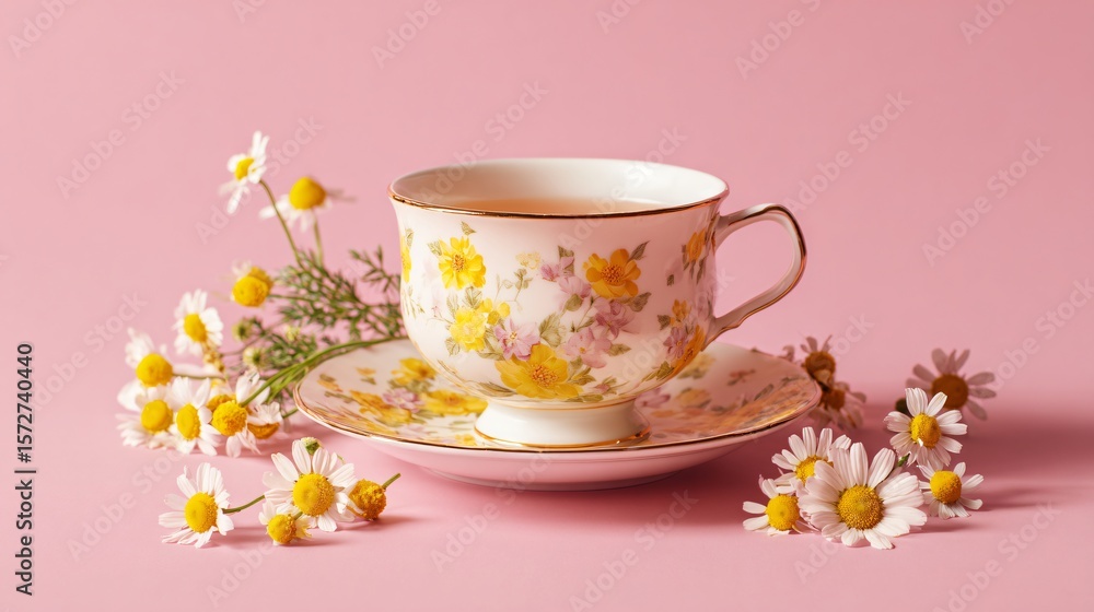Tea cup and saucer with chamomile flowers on a dusty pink background Tea cup and saucer with chamomile flowers on a dusty pink background