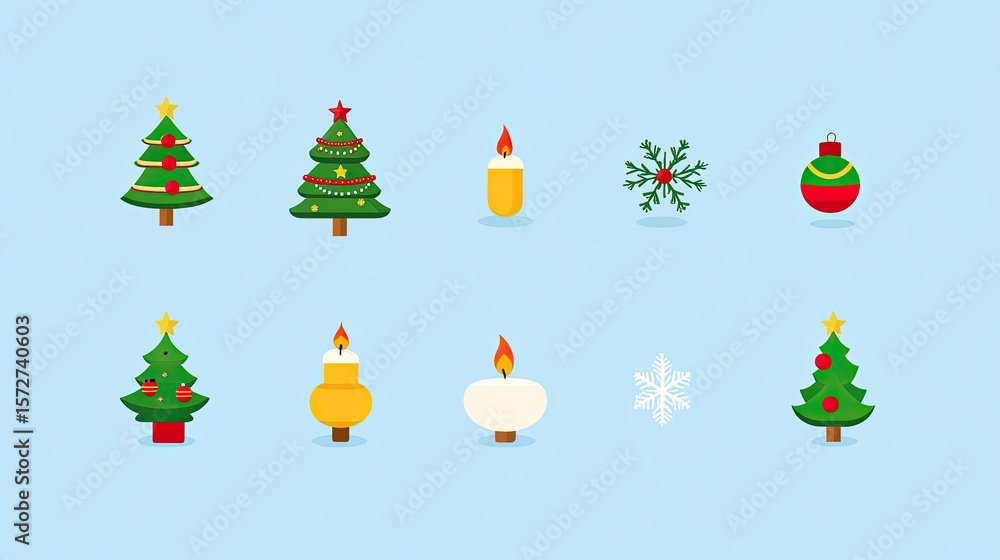 Fototapeta premium Festive Christmas Icons: Trees, Candles, and Snowflakes