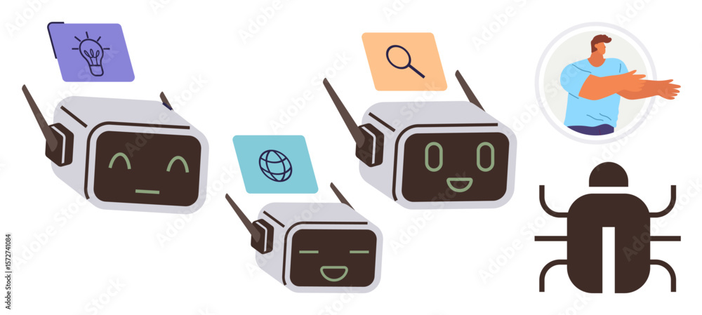 Fototapeta premium Robots convey ideas with floating icons and interact with a human fixing bugs. Ideal for AI collaboration, innovation, teamwork, problem-solving, research, communication, and technology concepts