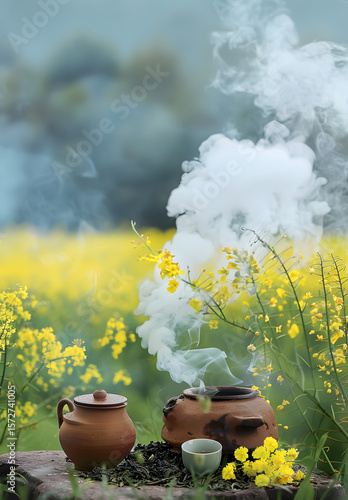 The teapot and tea sets beside the field	