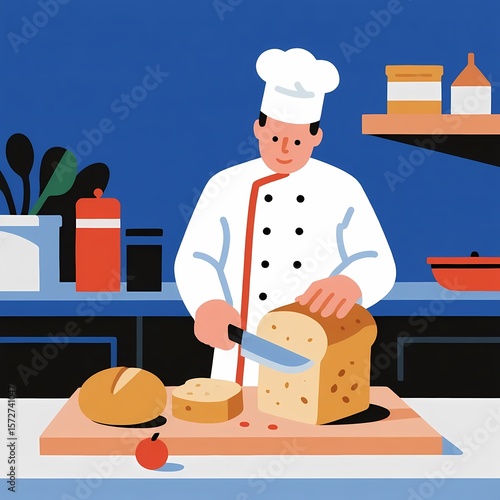 Cartoon chef slicing bread in a kitchen, showcasing bakery work scene.