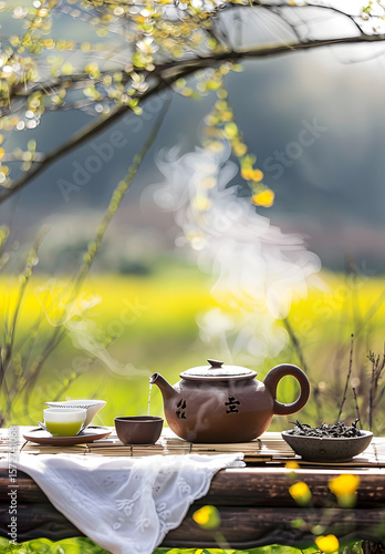 The teapot and tea sets beside the field	
