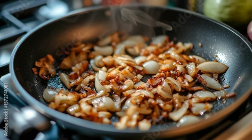 Sautéed onions and bacon in frying pan on stovetop with steam  