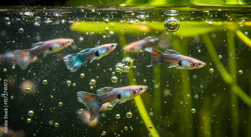 Colorful Guppy Fish Swimming in Bubbling Aquarium.