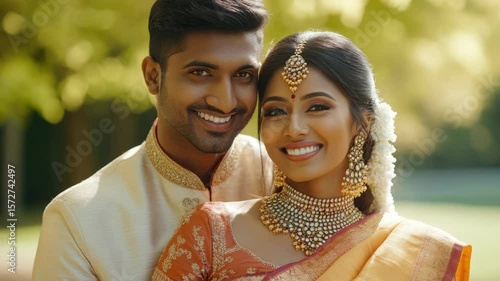 Couple in traditional Indian wedding attire smiling and embracing.