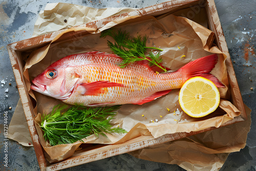 The seafood fish on the wooden board	
