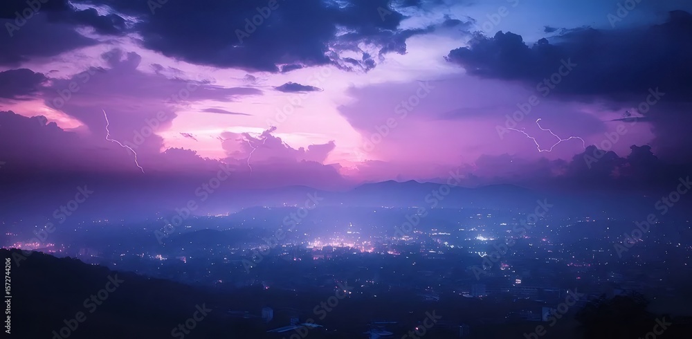 紫色の夕暮れの空の下にあるライトが点在する街並み 紫色の夕暮れの空の下にあるライトが点在する街並み