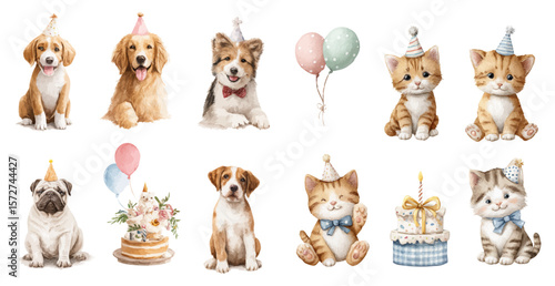 Vector birthday set of dogs and cats illustrations. Watercolor clip art elements, ready to print. Perfect for banners, decoration, patterns, stickers, invitation, card, wallpapers, textile.