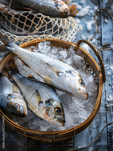 The seafood fish on the wooden board	
