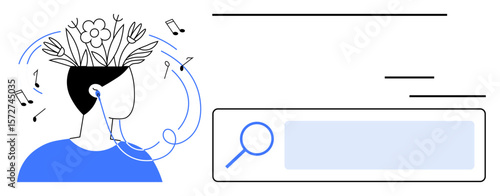 Person enjoying music through headphones with flowers and ideas flourishing from the head, surrounded by notes. Magnifying glass symbolizes exploration. Ideal for creativity, discovery, music